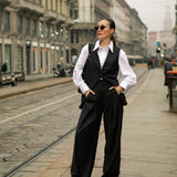 Broadway Liza Wide-Leg Virgin Wool Pants in Deep Black