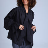 Protagonista Tencel Bow-Tie Black Blouse With Voluminous Airy Sleeves