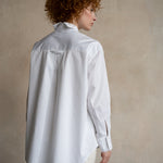 Back view of a model wearing a classic Italian white business shirt with a split-back collar
