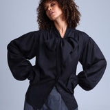 Protagonista Tencel Bow-Tie Black Blouse With Voluminous Airy Sleeves