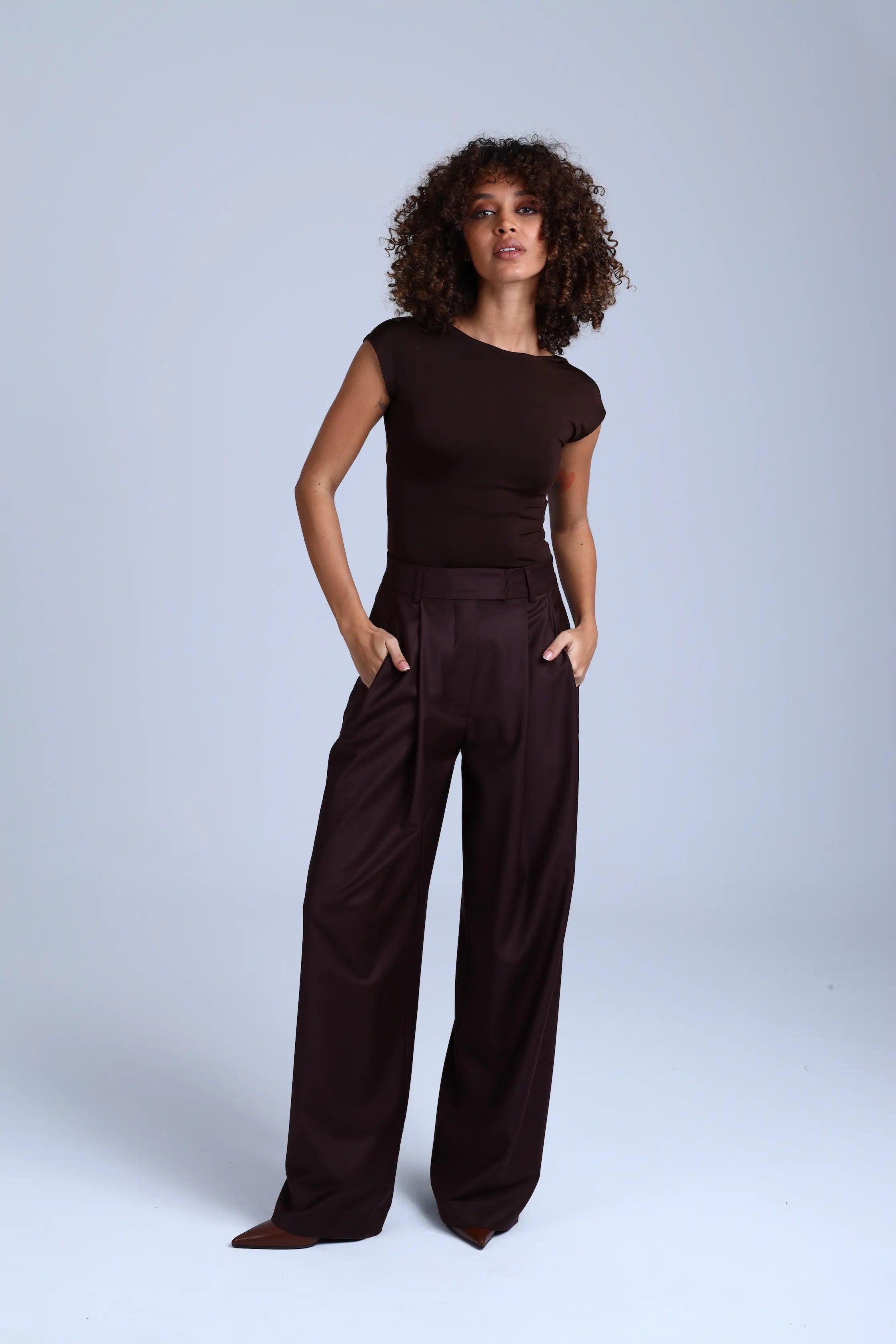 Brown Virgin Wool Pants Monica Wide-Leg in Dark Coffee M Brown Virgin Wool Pants Monica Wide-Leg in Dark Coffee M