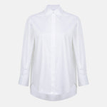 Italian white cotton business shirt with a relaxed fit, pointed collar, concealed button placket and curved hem