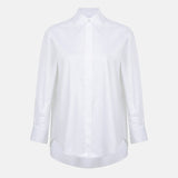 Italian white cotton business shirt with a relaxed fit, pointed collar, concealed button placket and curved hem