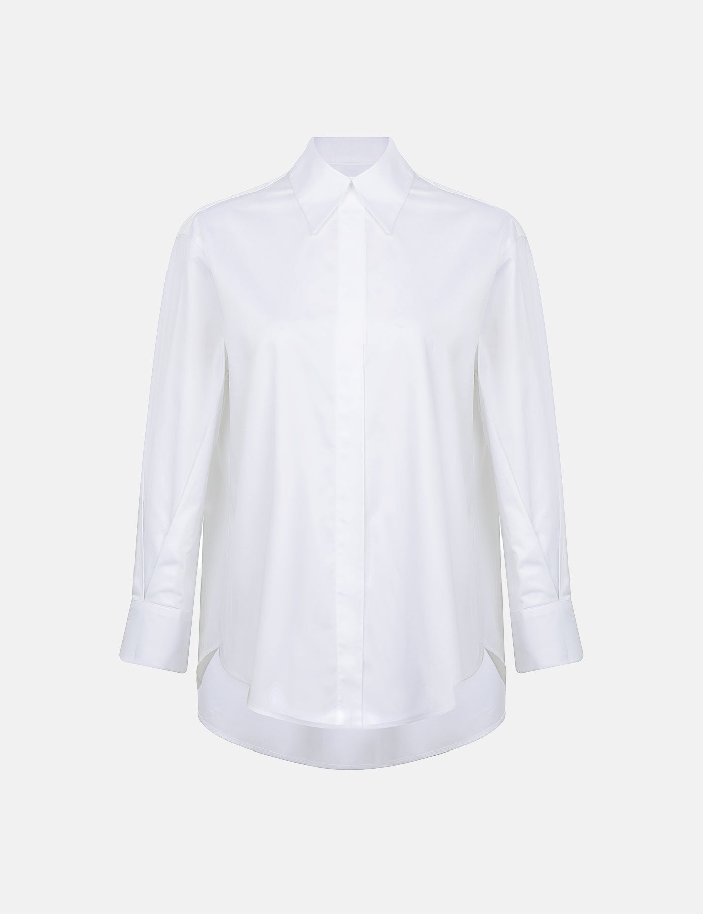 Italian white cotton business shirt with a relaxed fit, pointed collar, concealed button placket and curved hem