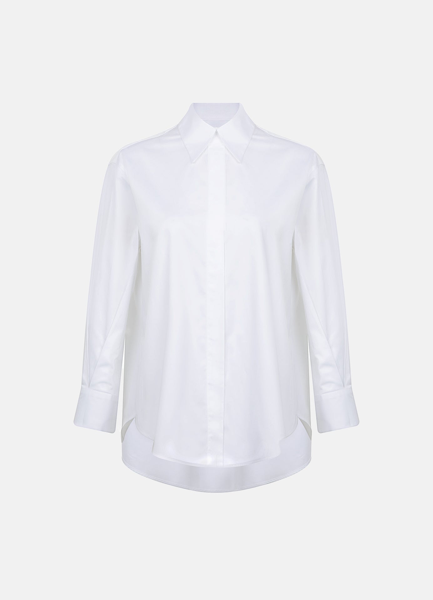 Italian white cotton business shirt with a relaxed fit, pointed collar, concealed button placket and curved hem