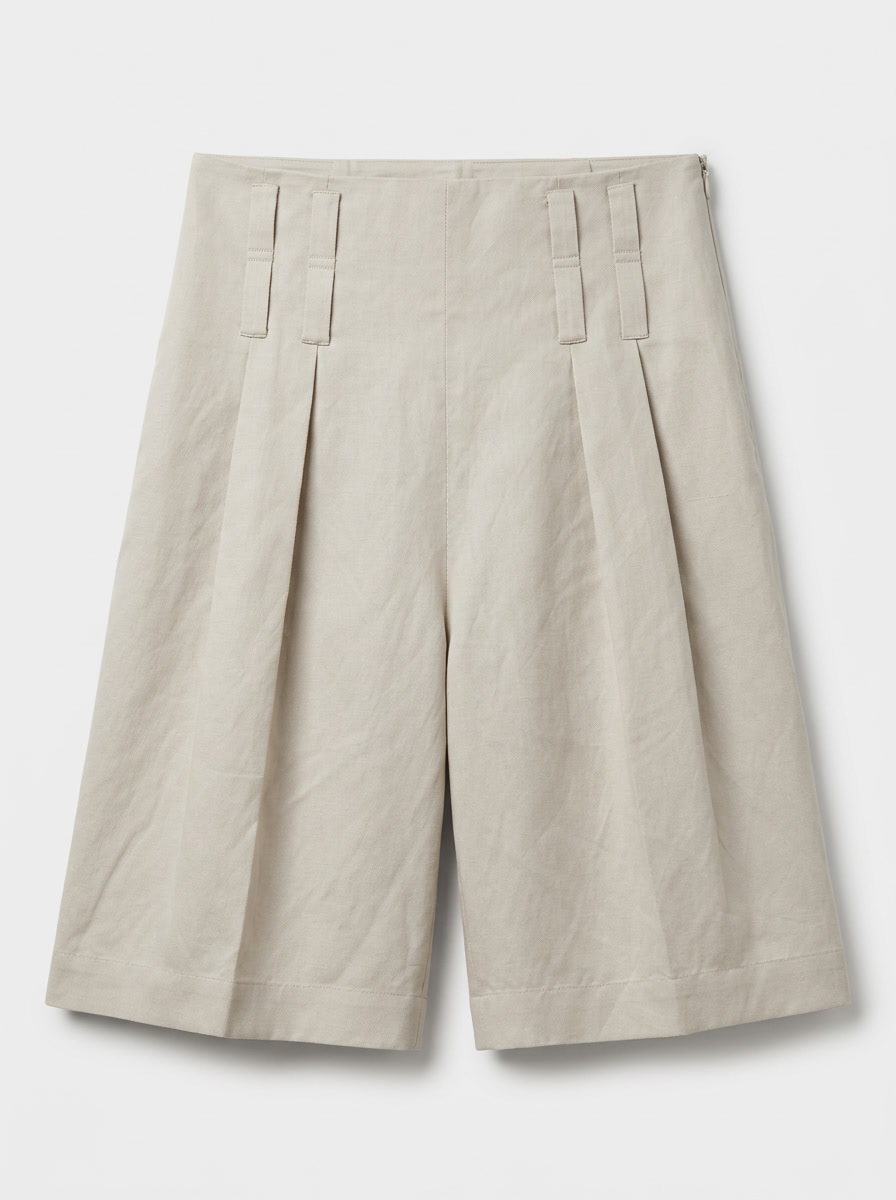 Sand linen-blend Bermuda shorts with front pleats, wide-leg silhouette, high waist and distinctive double belt loops
