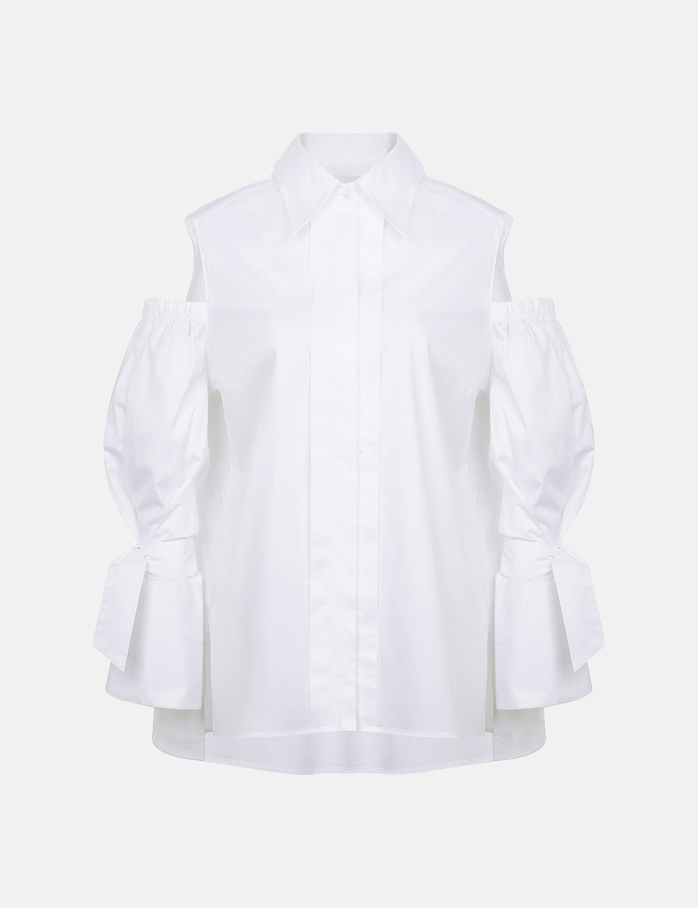 White cotton gabardine shirt with cold-shoulder design, puff sleeves and elongated relaxed fit, front product view