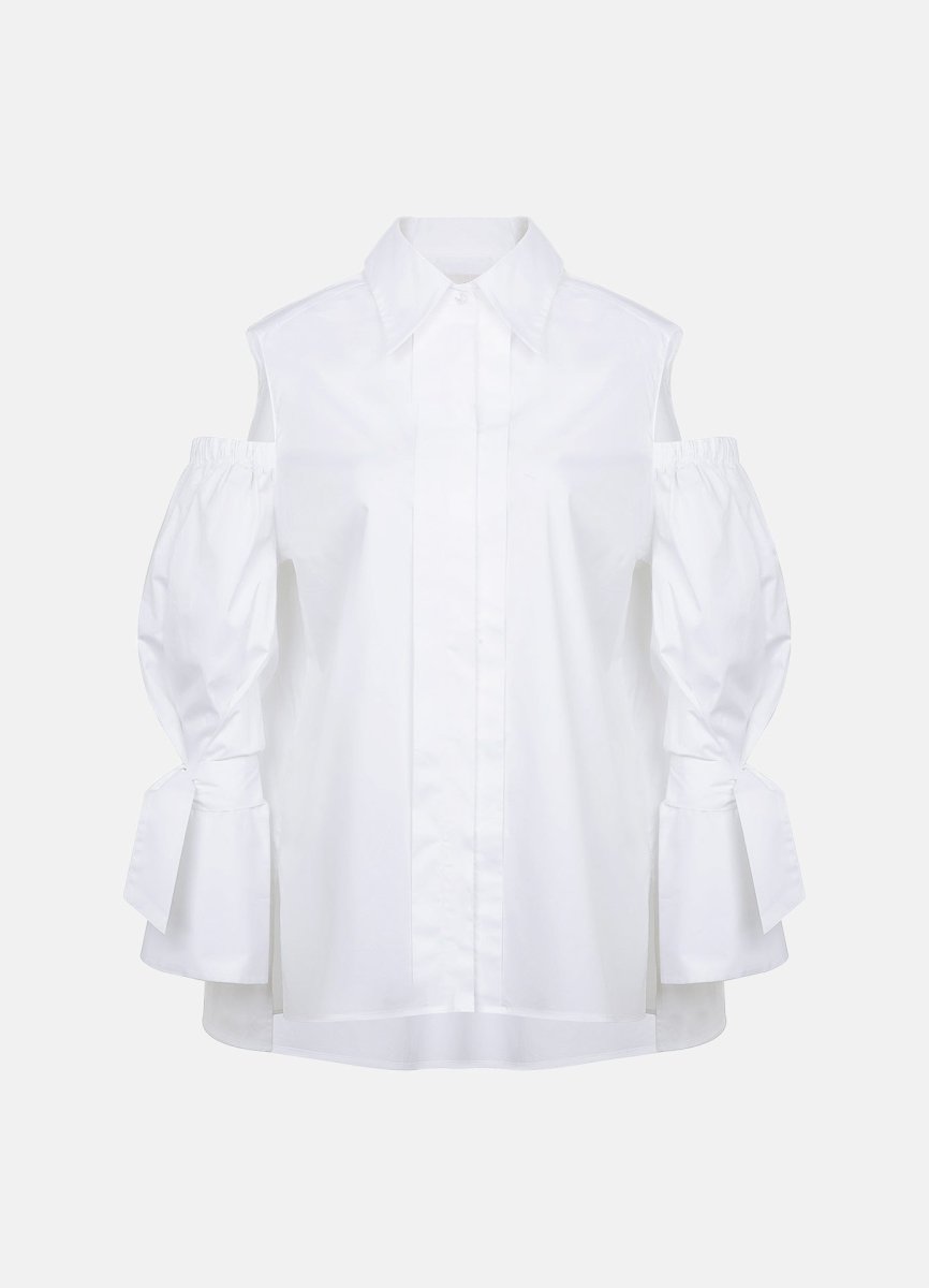 off the shoulder white dress shirt Kpop White Off-Shoulder Asymmetrical Dress Shirt | Lisa - BlackPink