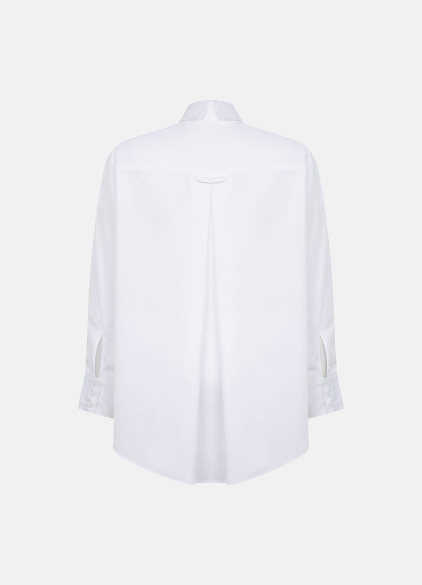 White cotton business shirt on invisible mannequin, back view