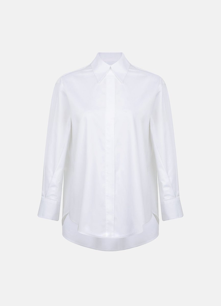 White cotton business shirt on invisible mannequin, front view